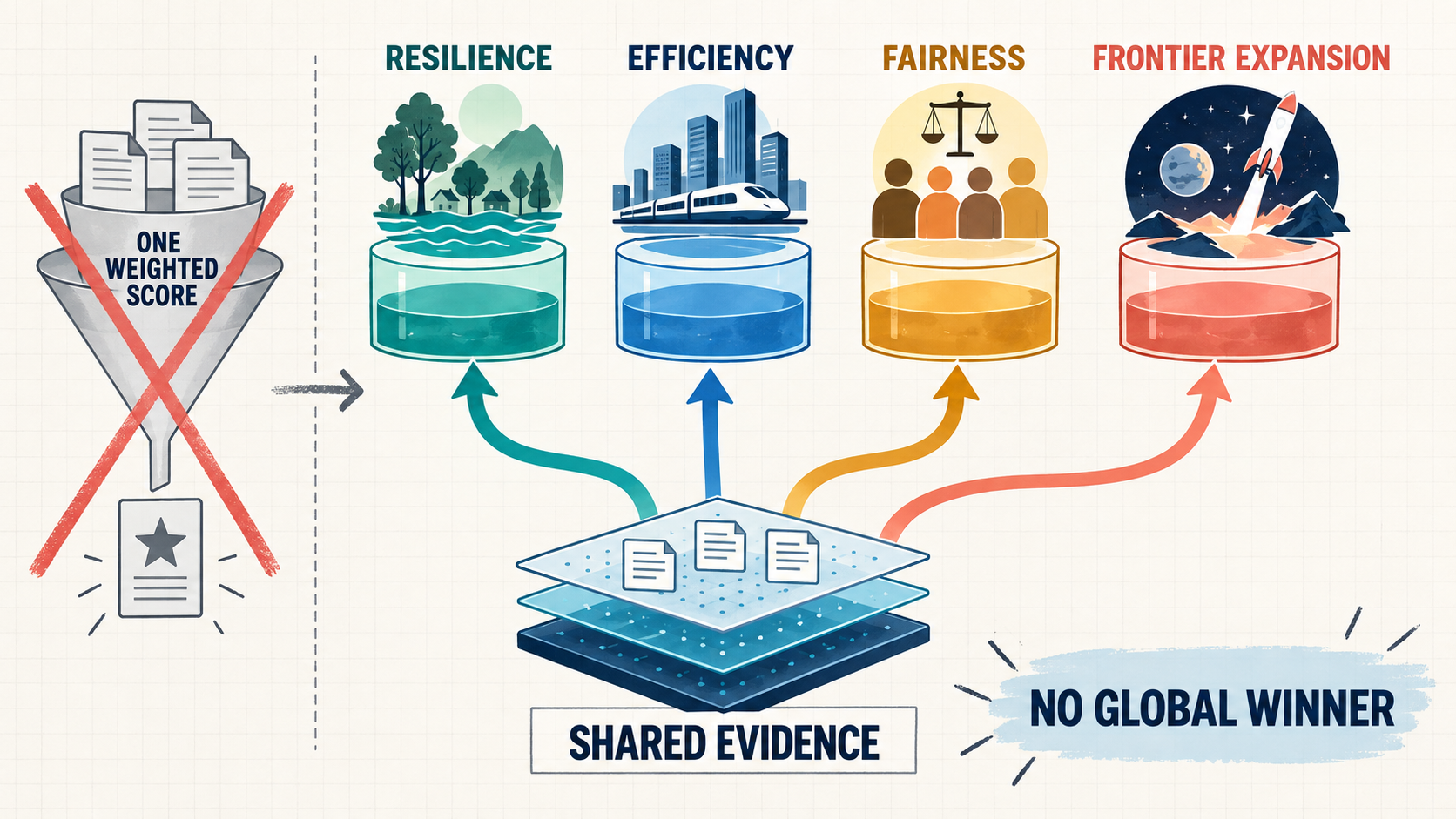 Diagram showing one shared evidence layer supporting independent value pools for resilience, efficiency, fairness, and frontier expansion