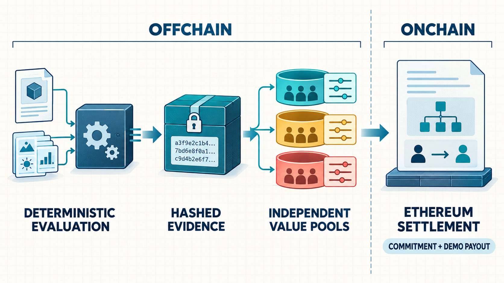 Diagram separating offchain evaluation and evidence generation from onchain commitments, allocation, and reward settlement