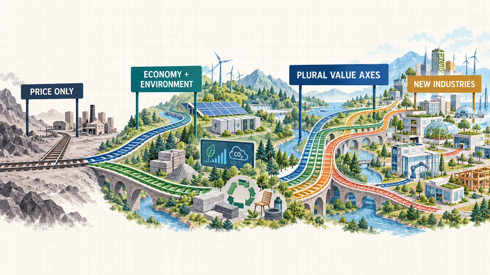 Illustration showing the transition from price-only competition through environmental value to plural value axes and new industries