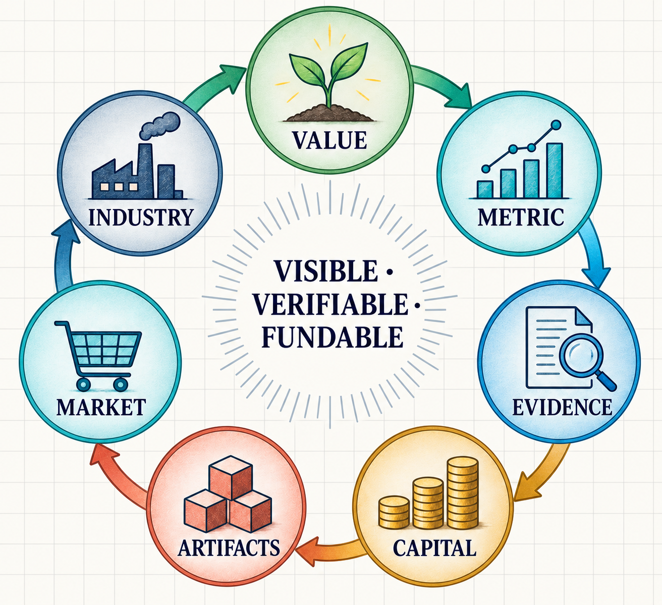 Circular flywheel connecting value, metrics, evidence, capital, artifacts, markets, and new industries